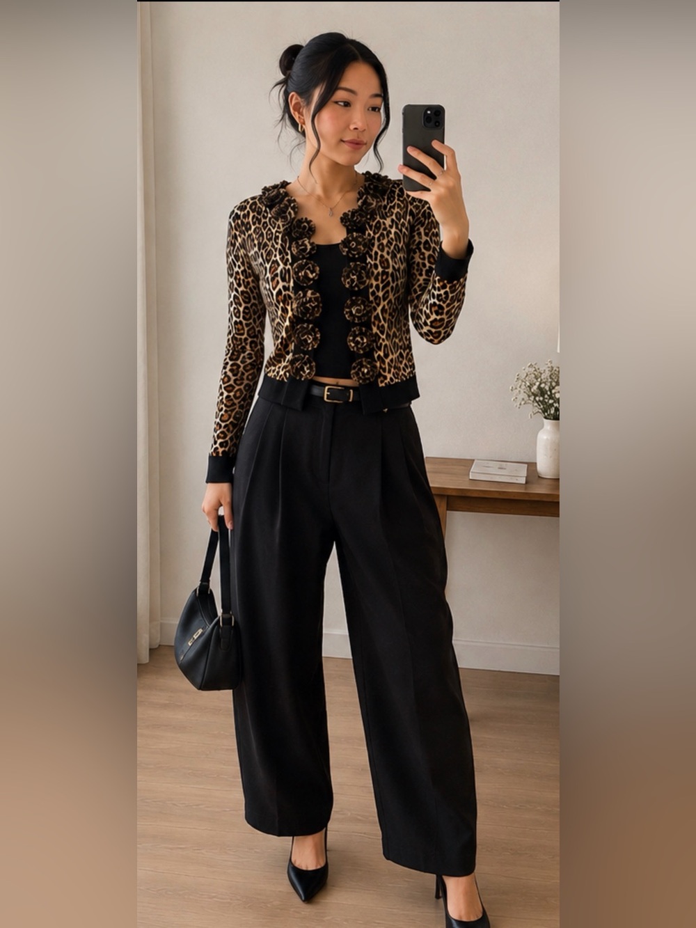 ISA Petite Leopard Print Floral 3D Rose Cardigan Sweater PS Black Trim